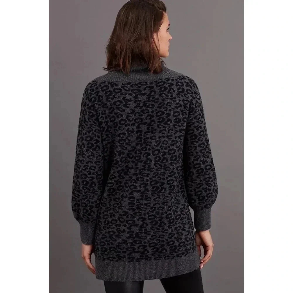 Anthropologie Emmy Cowl Neck Sweater Long Sleeve Cheetah Gray Black Cozy Size S